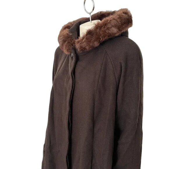 VTG WORTHINGTON 100% Wool Long Swing Coat  Fur Trimmed Hood  Brown  SZ 12 - Picture 5 of 13